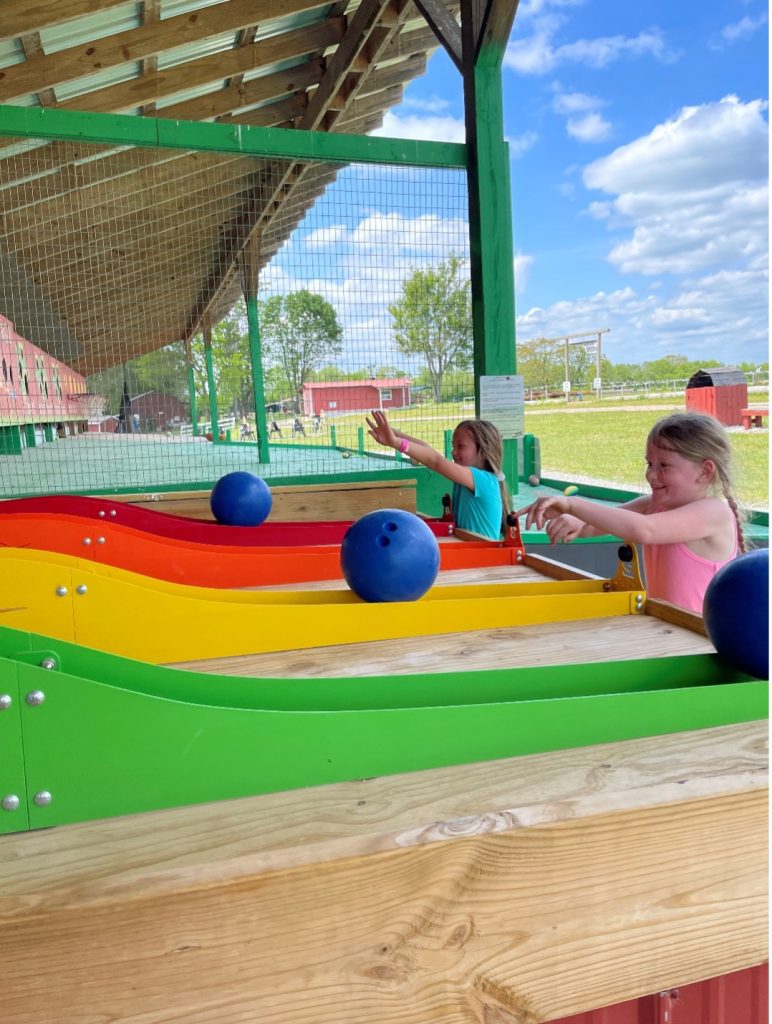 two children play a game of rolling a bowling ball up a ramp